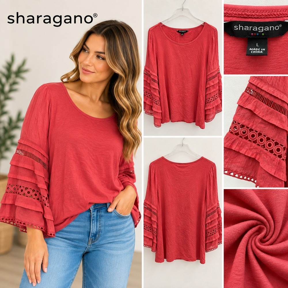 Sharagano Womens Coral Red Tiered Bell Sleeve Crochet Lace Scoop Neck Top Large